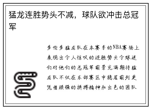 猛龙连胜势头不减，球队欲冲击总冠军
